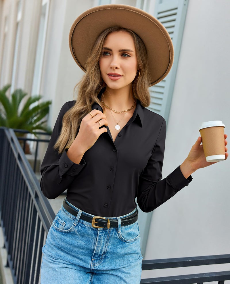 Gleeivy Black Long Sleeve Shirt for Woman Wrinkle-Free Button Down Shirts Slim Fit Stretch Work Blouse for Office, Travel & Casual Black M - Image 5