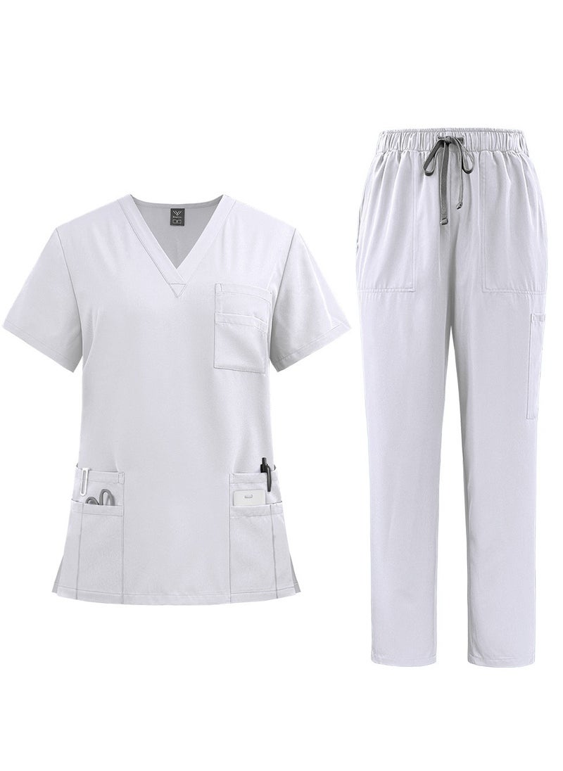 Loquat Medical Uniform Scrubs Set Medical Scrubs 2 Piece Set Top and Pants Suit With Pockets White 