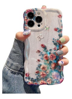 KASTWAVE Oil Painting Case for iPhone 15 Pro Max, Colorful Retro Oil Painting Rose Flower Laser Beam Glossy Pattern Curly Wave Border Phone Cover Stylish Durable TPU Protective Case for Girls Women - Beige  - Image 1