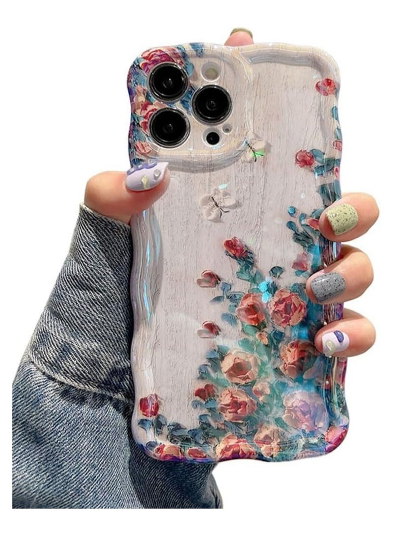 KASTWAVE Oil Painting Case for iPhone 15 Pro Max, Colorful Retro Oil Painting Rose Flower Laser Beam Glossy Pattern Curly Wave Border Phone Cover Stylish Durable TPU Protective Case for Girls Women - Beige - Image 1