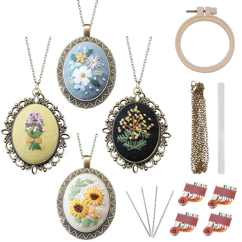 ZOCONE 4 Packs Embroidery Necklace Kits Embroidery Pendant Kit Mini Cross Stitch Kit with Hoop Necklace Pendant Stamped Pattern Cloth Instructions etc Embroidery Kits for Adults