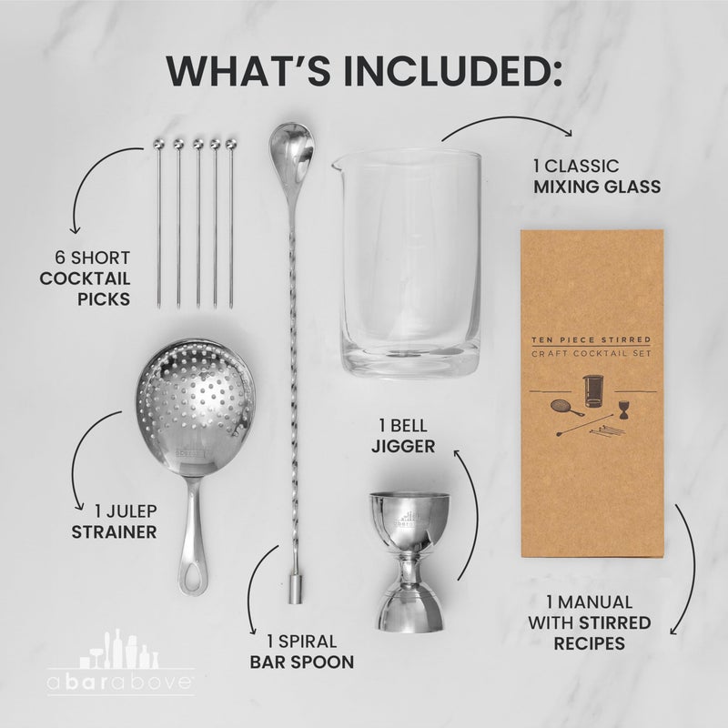 A Bar Above مجموعة كؤوس خلط الكوكتيل 10 قطع من A Bar Above، مجموعة كوكتيل خالية من الرصاص مع كأس خلط، ملعقة بار، مصفاة جوليب، قياس جرس وملاعق، ملحقات بار، مثالية لمارتيني، ويسكي ونيجروني - Image 3