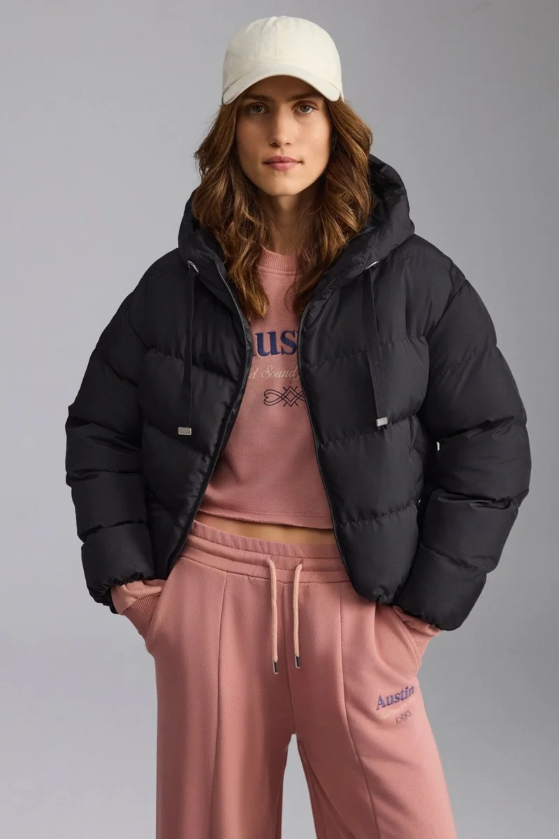 GRIMELANGE Chantal Women's Hooded Windproof Medium Thickness Double Pocket Puffer Black Coat