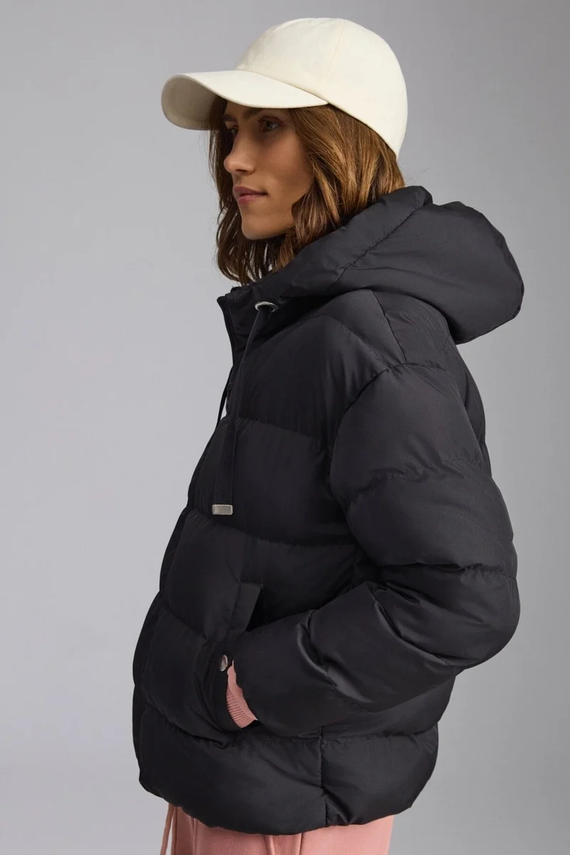 GRIMELANGE Chantal Women's Hooded Windproof Medium Thickness Double Pocket Puffer Black Coat