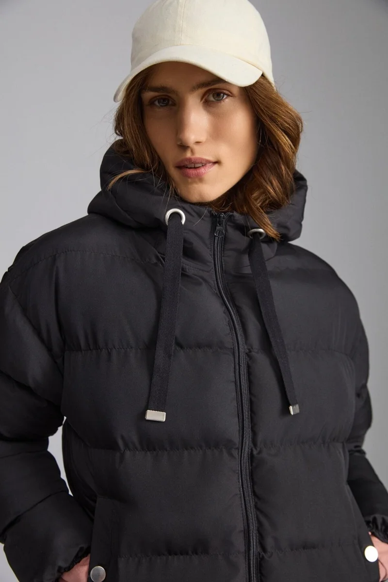 GRIMELANGE Chantal Women's Hooded Windproof Medium Thickness Double Pocket Puffer Black Coat