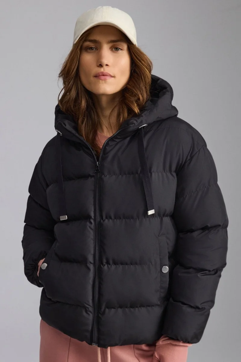 GRIMELANGE Chantal Women's Hooded Windproof Medium Thickness Double Pocket Puffer Black Coat