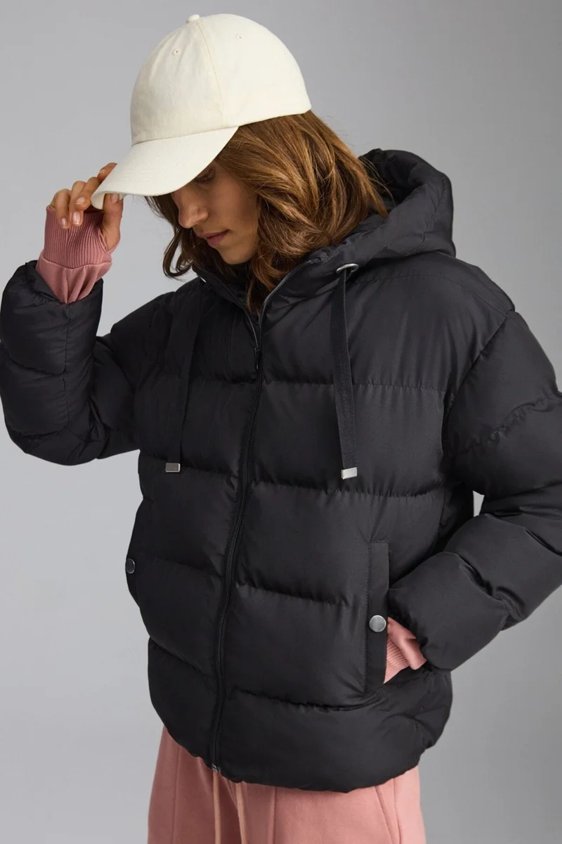GRIMELANGE Chantal Women's Hooded Windproof Medium Thickness Double Pocket Puffer Black Coat