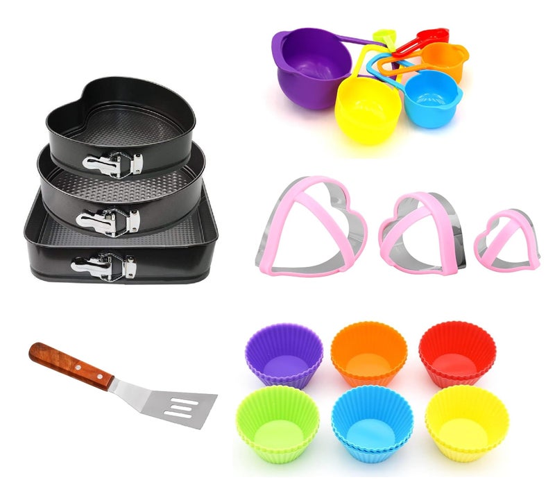 Wishome 4-Piece Baking Tools Set Non-Stick Carbon Steel Round Cake Mould 20cm, Muffin Tray, Rectangular Bread Loaf Mould, Measuring Cups and Cookie Cutter Microwave OTG Oven Safe Bakeware Tools - Image 1