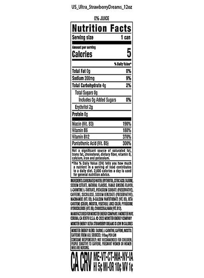 Monster Energy Ultra Strawberry Dreams, Zero Sugar Energy Drink, Each 500ml X 6 Pack, Pink Design (Product Of USA)* - Image 2