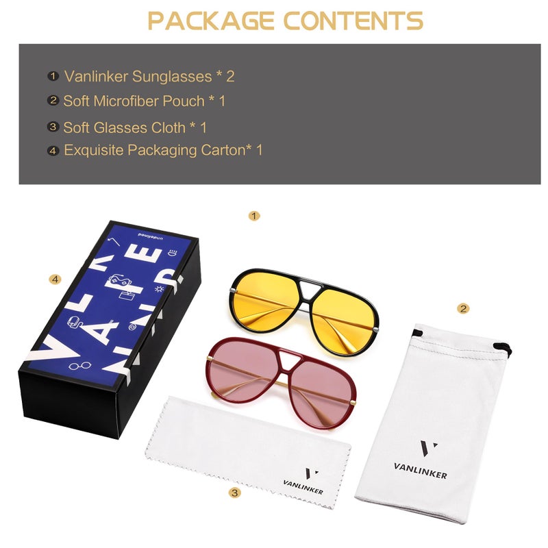 VANLINKER Trendy Polarized Aviator Sunglasses for Women Men Retro Oversized Round Sunglasses Vintage Side Shield Shades VL9798 2 Pack-Black/Yellow&Wine Red/Light Red - Image 4