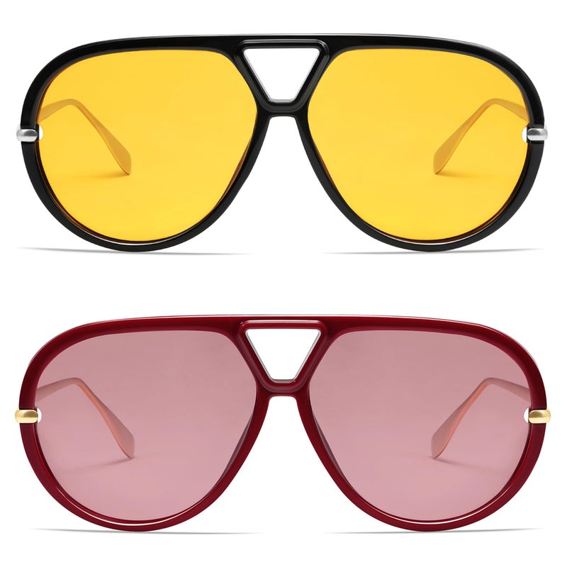VANLINKER Trendy Polarized Aviator Sunglasses for Women Men Retro Oversized Round Sunglasses Vintage Side Shield Shades VL9798 2 Pack-Black/Yellow&Wine Red/Light Red - Image 1