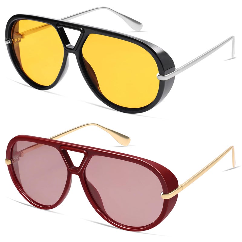 VANLINKER Trendy Polarized Aviator Sunglasses for Women Men Retro Oversized Round Sunglasses Vintage Side Shield Shades VL9798 2 Pack-Black/Yellow&Wine Red/Light Red - Image 3
