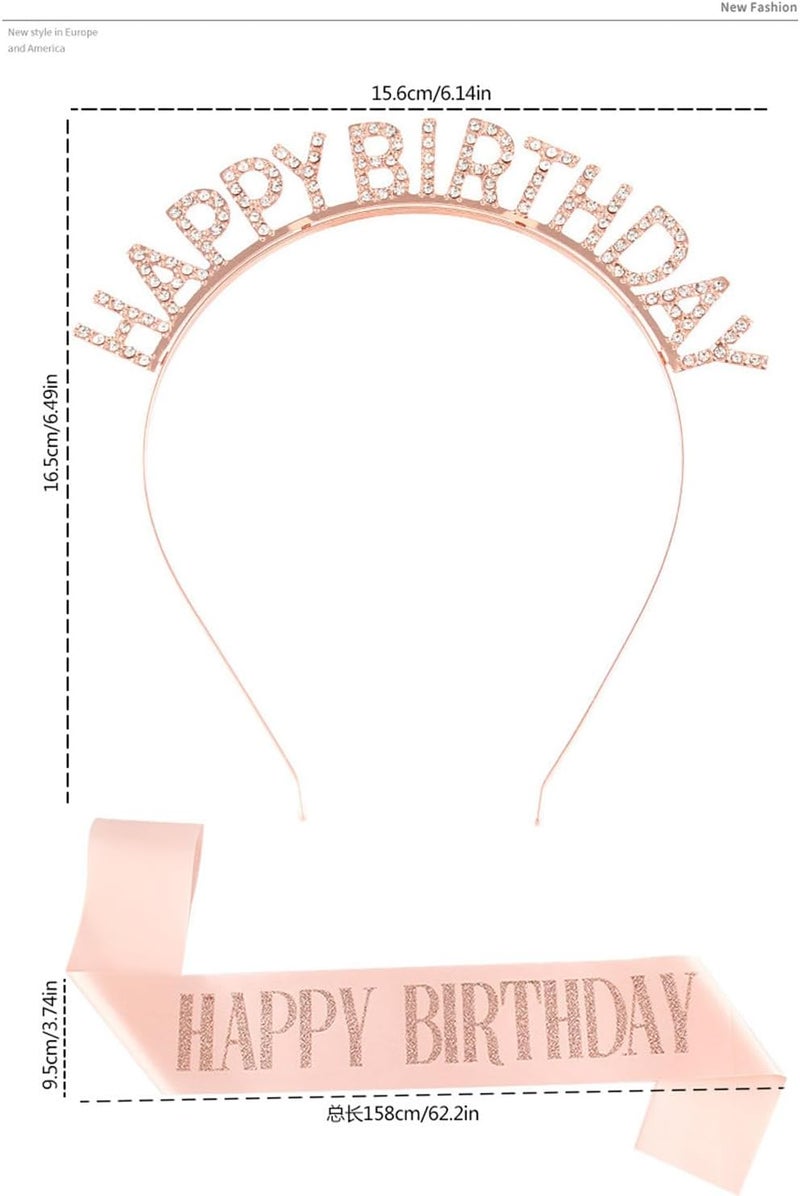 MsAnya Rose Gold Birthday Crown and Sash Set for Women - Tiara, Headband, Princess Rhinestone Crown, Party Girl Sweet Hair Accessories - Happy Birthday Gift - Image 2