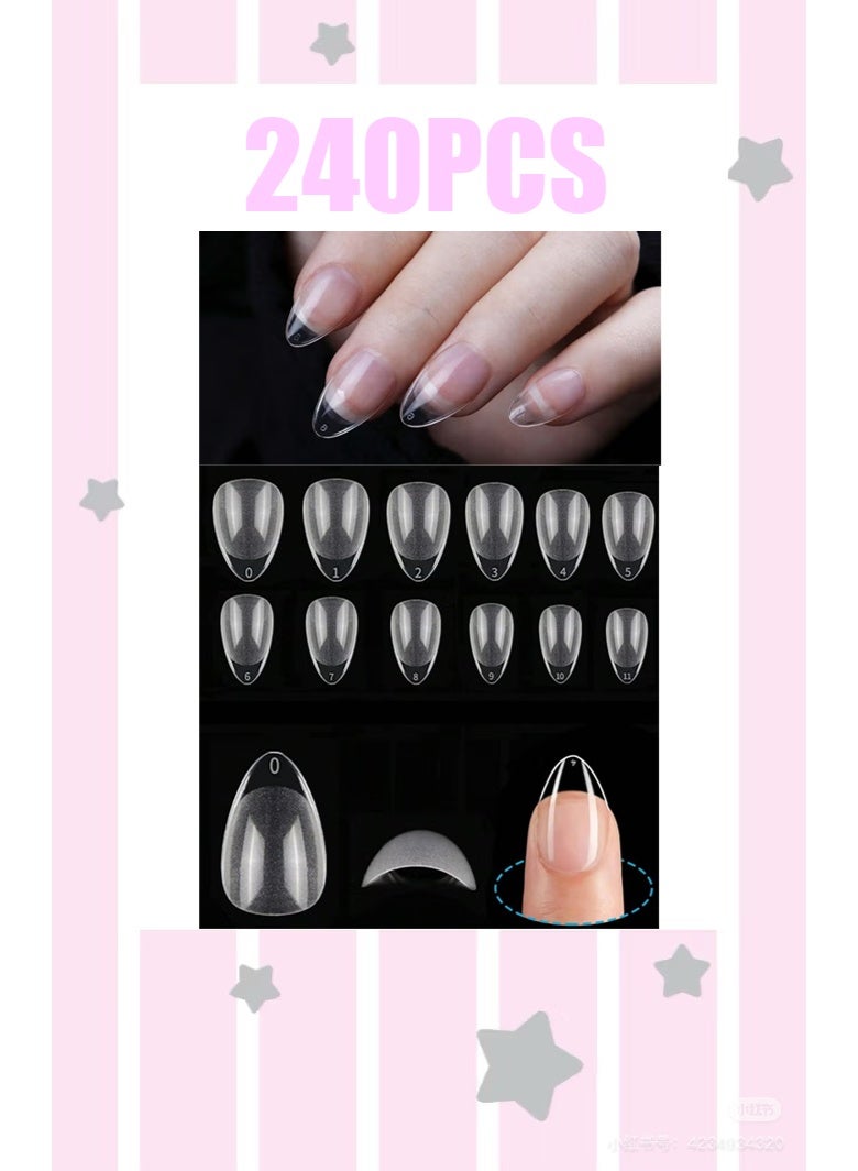 240 قطعة من أطراف أظافر الجل الأكريليكي اللوزية القصيرة - تصميم فرنسي شفاف نصف مطفي، 12 مقاسًا مع علبة حفظ، للاستخدام المنزلي والصالونات، تمديد الأظافر، لوزي قصير - Image 1