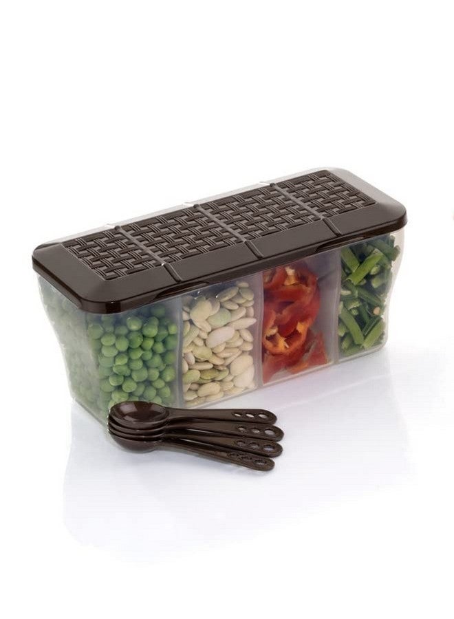HAPPI Multipurpose Plastic 4 In 1 Masala Box for Kitchen, Spice Boxes for Kitchen, Transparent 4 Compartment Storage Containers Airtight Grocery, Dry Fruits Box 1800 Ml with 4 Spoons(Brown) - Image 1