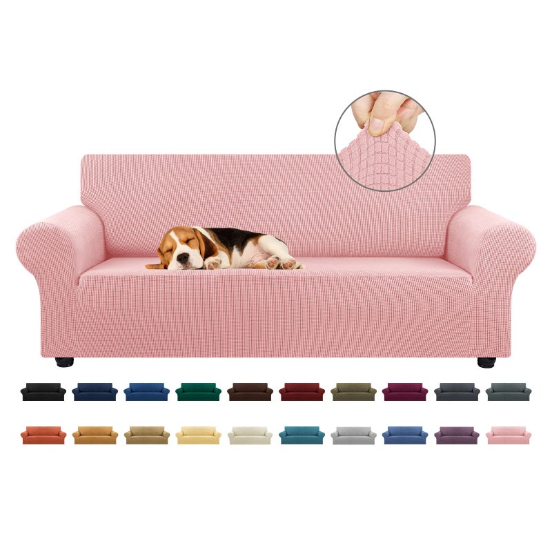 KEKUOU Stretch Sofa Cover Slipcover Couch Covers for 3 Cushion Couch Sofa pet Friendly 7994 Furniture Protector Sofa with Elastic Bottom for KidsDog Jacquard Small CheckedLargeDusty Pink