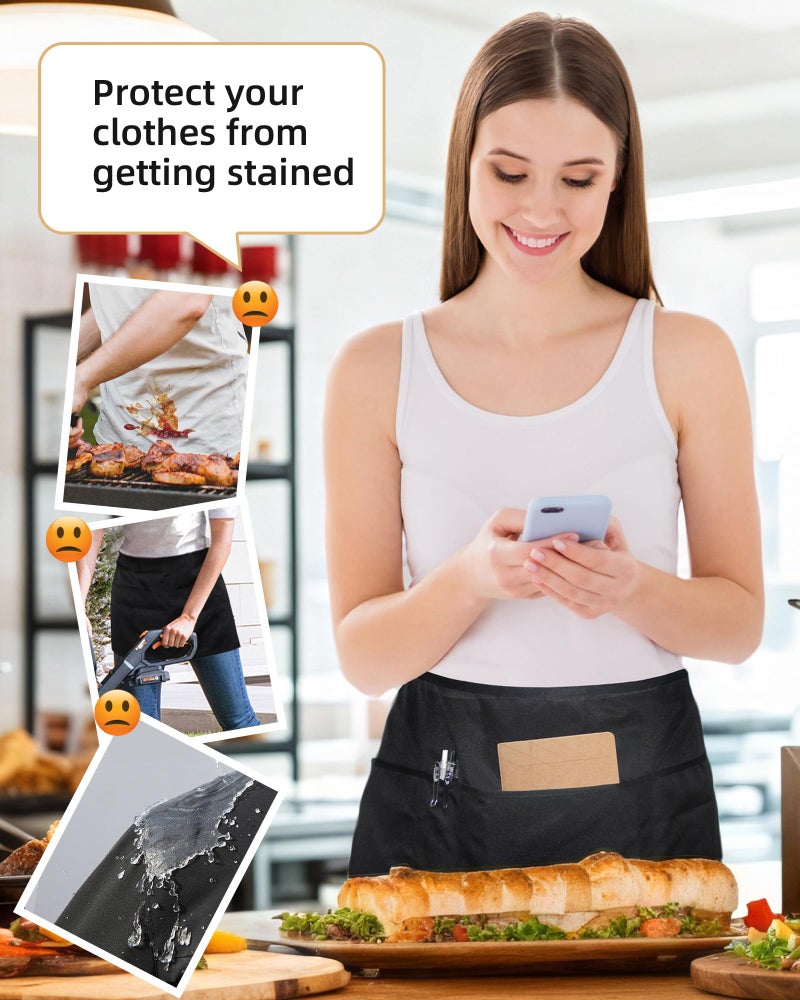 Argstar 2 Pack Server Apron with 4 Pockets, Waitress Waiter Waist WaterDrop Resistant Short Aprons (Black) - Image 3