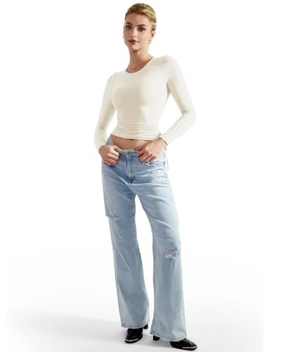 SUUKSESS Women Double Lined Fitted Basic Tee Shirts Crew Neck Long Sleeve Going Out Crop Tops (Pearl, S) - Image 5