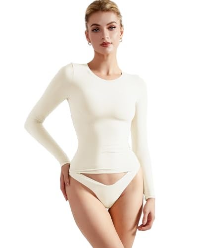 SUUKSESS Women Double Lined Fitted Basic Tee Shirts Crew Neck Long Sleeve Going Out Crop Tops (Pearl, S) - Image 1