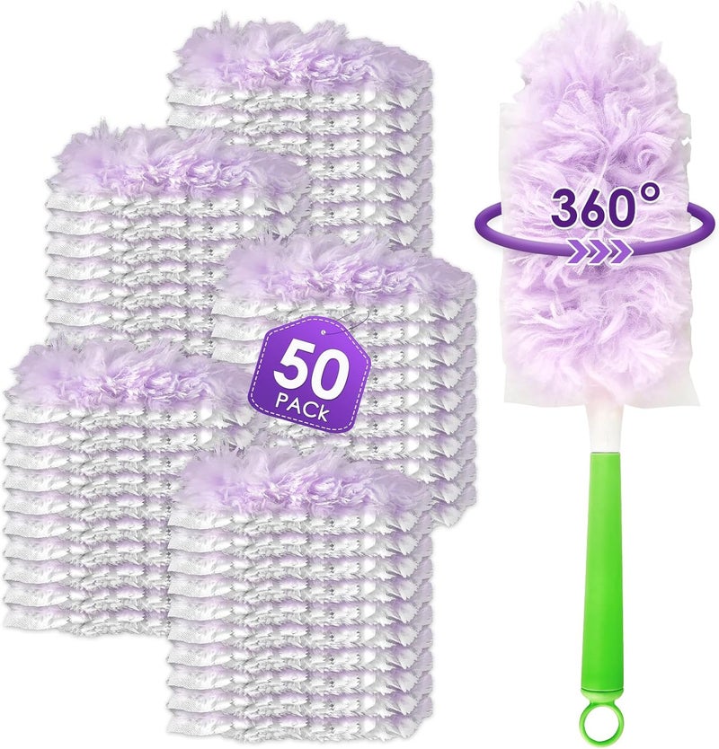 BRUVISH 50 Count Duster Refills Compatible with Swiffer Dusters, 360° Soft Multi-Surface Duster Replacement Kit with 1 Extra Handle, Disposable Dust Removal Brush Heads for Electronics Furniture, Car interior - Image 1