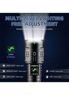 واي آند دي مصباح يدوي تكتيكي فائق السطوع LED قابل لإعادة الشحن ، 90000 لومن عالي XHP160 زووم مقاوم للماء 5 أوضاع أفضل للتنزه والصيد والتخييم  - Image 5