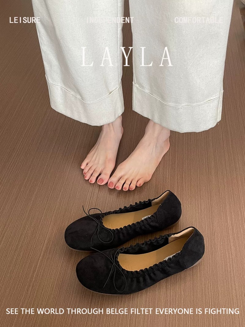 Women's Soft Sole Ballet Flats with Bow - 2026 Spring Autumn New Arrival Suede Round Toe Elegant Versatile Shoes