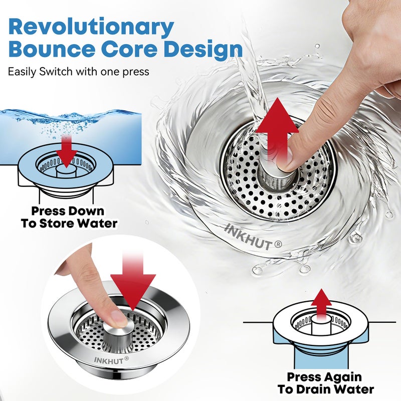 Inkhut Upgraded 3 in 1 Kitchen Sink Drain Strainer - Stainless Steel Sink Stopper, Anti-Clogging Sink Food Catcher Basket, Fast Drainage Odor Filter Sink Plug for US Standard 3 1/2 inch Drain (Silver-1Pack) - Image 4