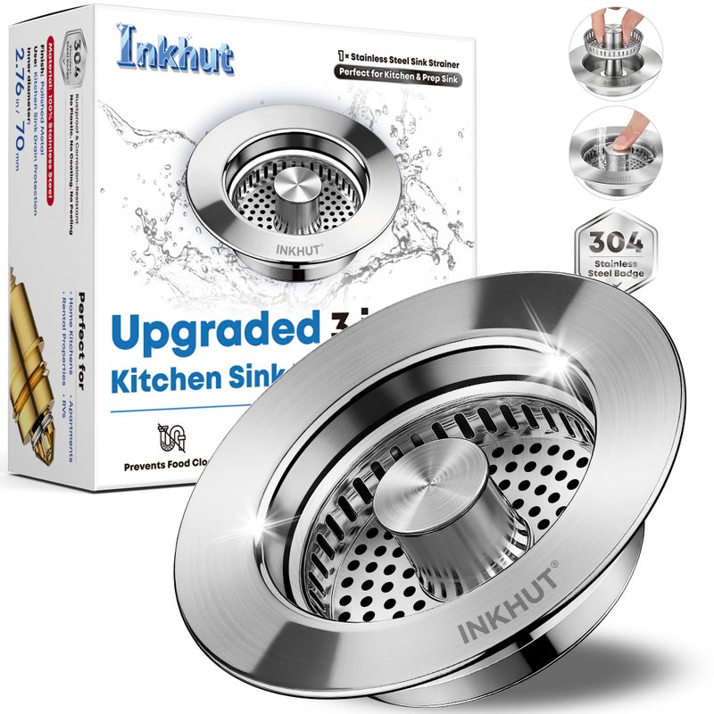 Inkhut Upgraded 3 in 1 Kitchen Sink Drain Strainer - Stainless Steel Sink Stopper, Anti-Clogging Sink Food Catcher Basket, Fast Drainage Odor Filter Sink Plug for US Standard 3 1/2 inch Drain (Silver-1Pack) - Image 1