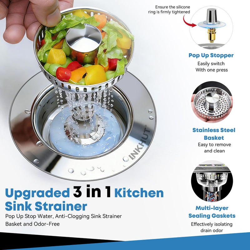 Inkhut Upgraded 3 in 1 Kitchen Sink Drain Strainer - Stainless Steel Sink Stopper, Anti-Clogging Sink Food Catcher Basket, Fast Drainage Odor Filter Sink Plug for US Standard 3 1/2 inch Drain (Silver-1Pack) - Image 2