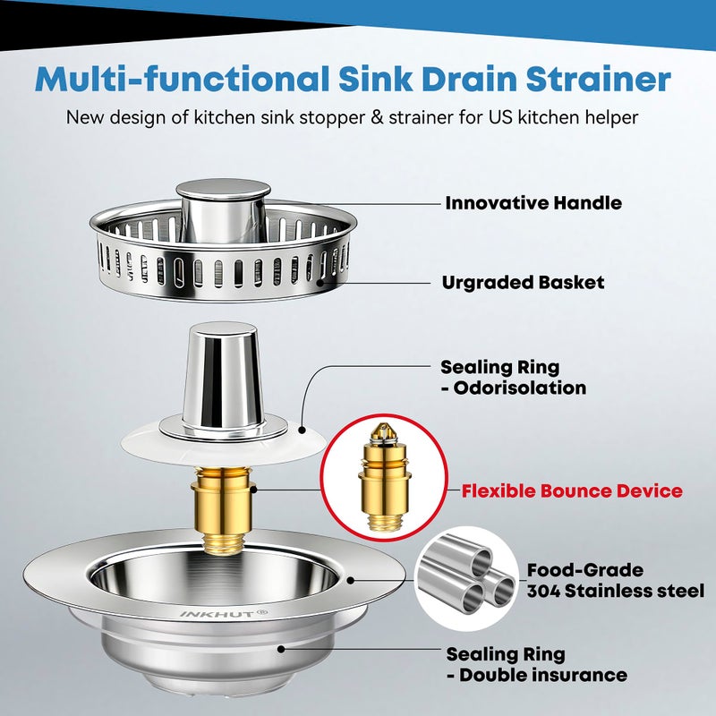 Inkhut Upgraded 3 in 1 Kitchen Sink Drain Strainer - Stainless Steel Sink Stopper, Anti-Clogging Sink Food Catcher Basket, Fast Drainage Odor Filter Sink Plug for US Standard 3 1/2 inch Drain (Silver-1Pack) - Image 5