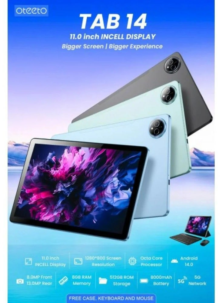 Oteeto Oteeto TAB 14 Tablet / 11 inch Display / 1280 x 800 Resolution Screen / 2.0GHz Octa Core Processor / Android 14 / 8 Front Camera + 13MP Rear Camera / 8GB RAM + 512GB ROM / 8000mAh Battery / 4G Dual SIM / 5G WiFi / Keyboard / Pen / Mouse / Flip Cover blue color - Image 1