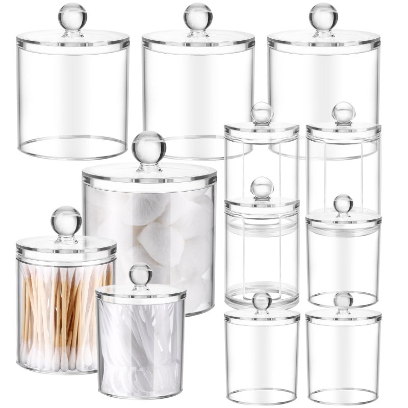 Meanplan 9 Pack Acrylic Holder Dispenser Plastic Apothecary Jars with Lids for Cotton Ball 102239 oz Clear Plastic Storage Jars Floss Holder Container Bathroom Canisters for Cotton Swab Bathroom 3 Sizes