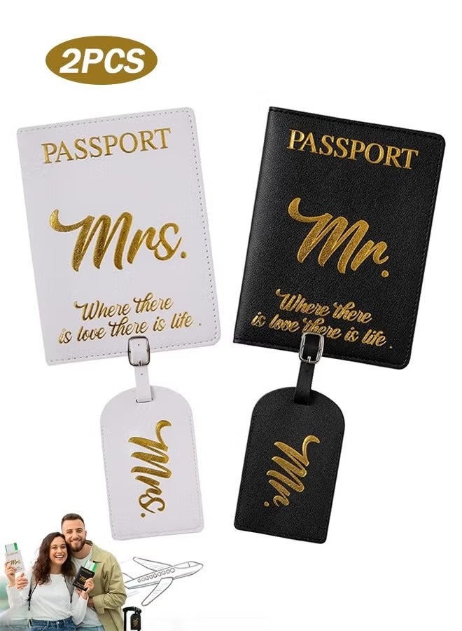 مجموعة غطاء جواز السفر وبطاقة الأمتعة، حافظة جواز سفر من جلد البولي يوريثان وبطاقة حقيبة سفر، هدايا لحفلات الزفاف وشهر العسل للأزواج (أسود وأبيض) - Image 1