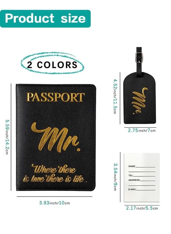 مجموعة غطاء جواز السفر وبطاقة الأمتعة، حافظة جواز سفر من جلد البولي يوريثان وبطاقة حقيبة سفر، هدايا لحفلات الزفاف وشهر العسل للأزواج (أسود وأبيض) - Image 2