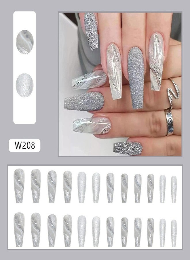 SINSEN Press on Nails Long Square Shape Silver Marble Fake Nails, Shinning Full Cover False Nails Design with Glitters, Luxurious Coffin Marble Stick on Nails Art Decoration for Women and Girls - Image 2