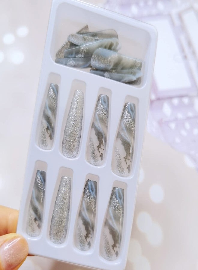 SINSEN Press on Nails Long Square Shape Silver Marble Fake Nails, Shinning Full Cover False Nails Design with Glitters, Luxurious Coffin Marble Stick on Nails Art Decoration for Women and Girls - Image 4