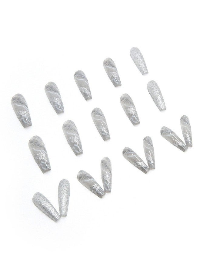 SINSEN Press on Nails Long Square Shape Silver Marble Fake Nails, Shinning Full Cover False Nails Design with Glitters, Luxurious Coffin Marble Stick on Nails Art Decoration for Women and Girls - Image 5