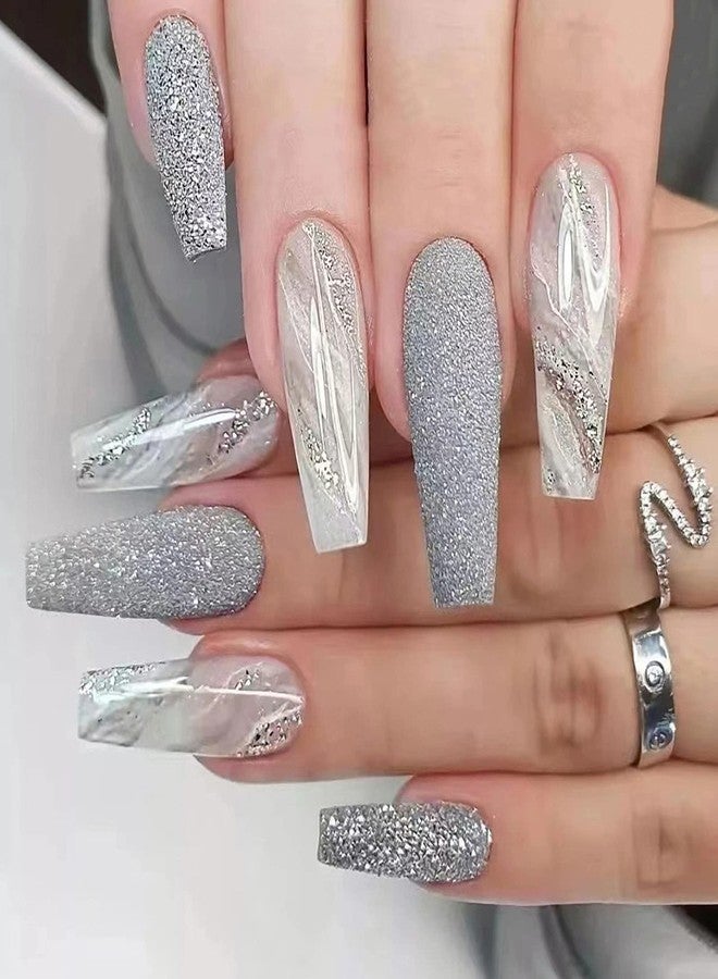 SINSEN Press on Nails Long Square Shape Silver Marble Fake Nails, Shinning Full Cover False Nails Design with Glitters, Luxurious Coffin Marble Stick on Nails Art Decoration for Women and Girls - Image 1