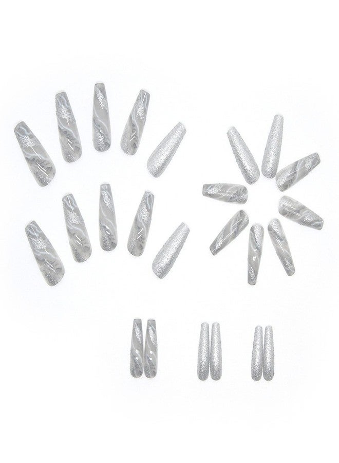 SINSEN Press on Nails Long Square Shape Silver Marble Fake Nails, Shinning Full Cover False Nails Design with Glitters, Luxurious Coffin Marble Stick on Nails Art Decoration for Women and Girls - Image 3