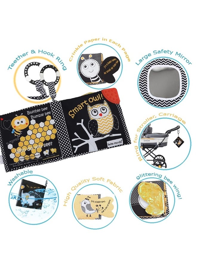 Bebe Mondo - Newborn Baby Book Toys 0 3 6 Months Soft Cloth Crinkle Books for Babies,Infant Tummy Time Mirror Toys High Contrast Sensory Toys Black White 1 Year Old Stroller Toys 3-6 Months Boy Girl Gift-Owl Bee - Image 1