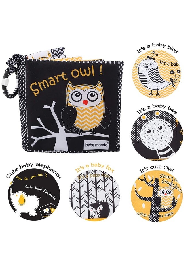 Bebe Mondo - Newborn Baby Book Toys 0 3 6 Months Soft Cloth Crinkle Books for Babies,Infant Tummy Time Mirror Toys High Contrast Sensory Toys Black White 1 Year Old Stroller Toys 3-6 Months Boy Girl Gift-Owl Bee - Image 1