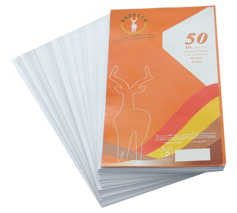 Gazelle DL Wallet Gummed Paper Envelopes 110 x 220 mm 80 gsm Pack of 50 - White