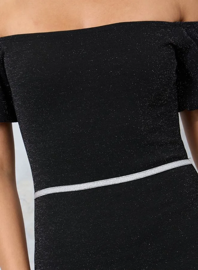 Styli Off Shoulder Bodycon Lurex Midi Dress