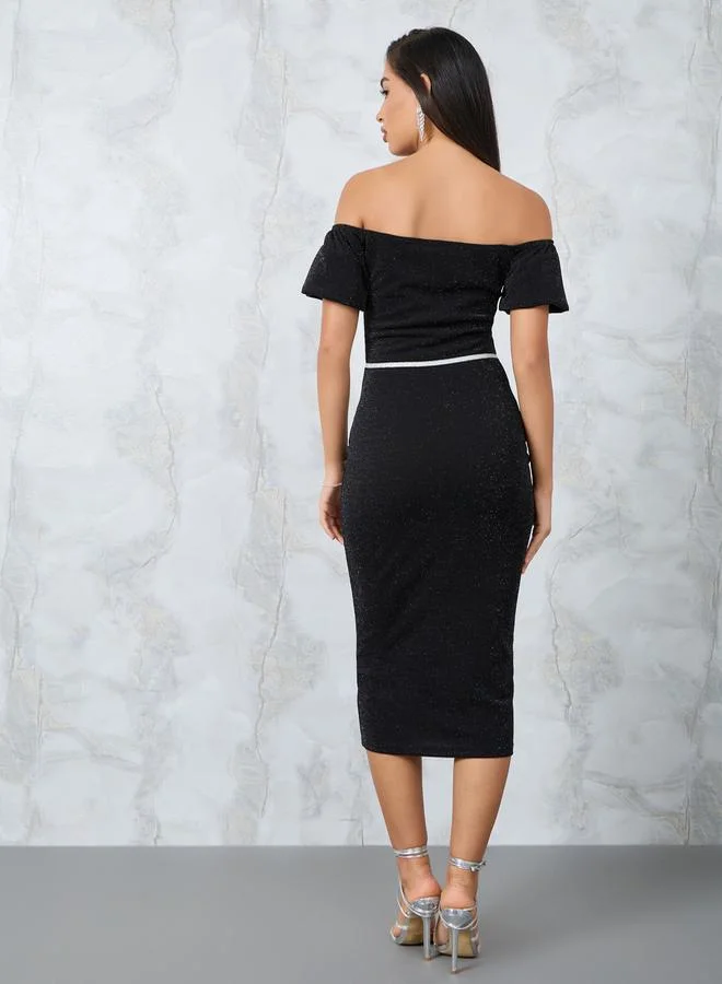 Styli Off Shoulder Bodycon Lurex Midi Dress