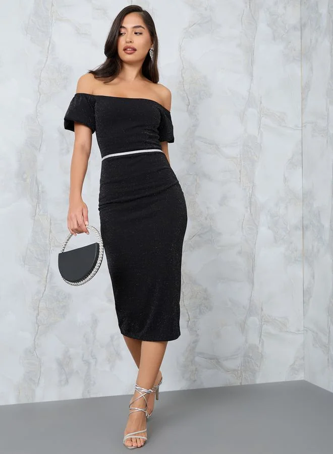 Styli Off Shoulder Bodycon Lurex Midi Dress