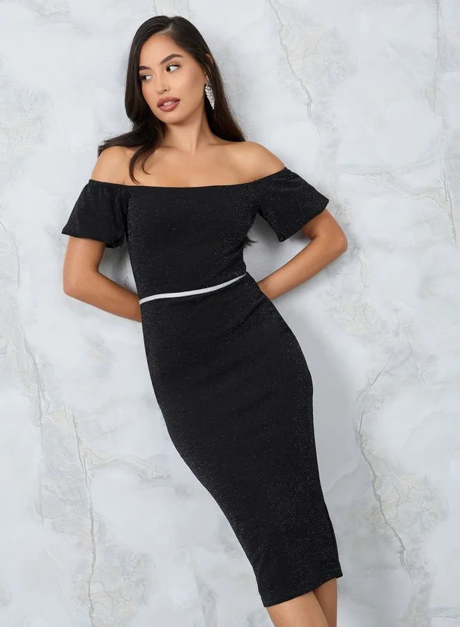 Styli Off Shoulder Bodycon Lurex Midi Dress