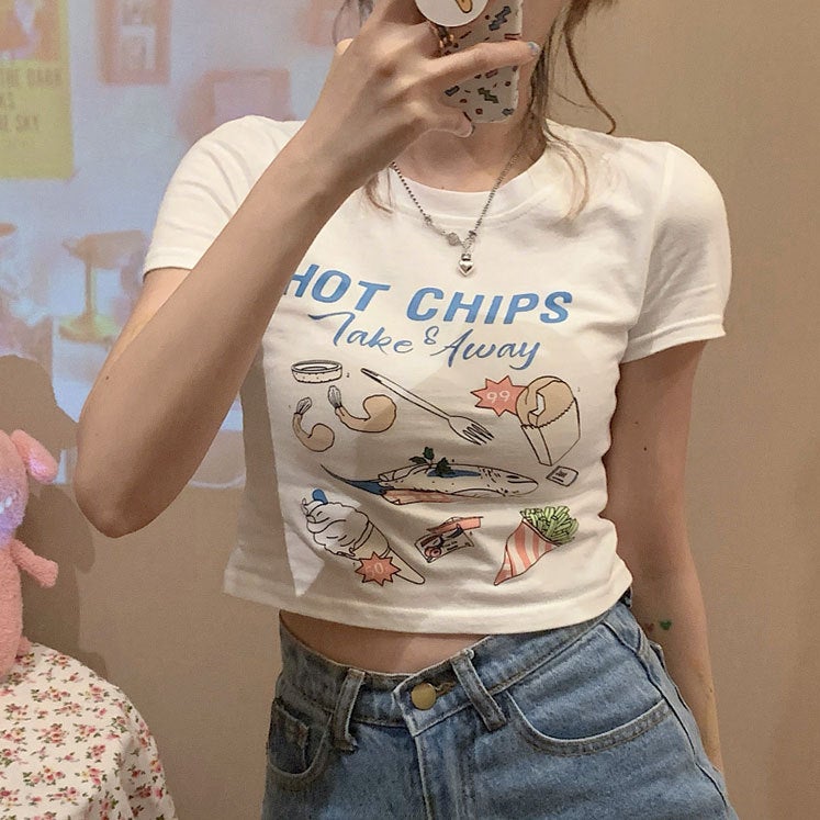 High Waist Navel Hot Girl Short T-shirt Womens Slim-fit Korean-style Ins Super Hot Internet Popular Summer Chic Hong Kong Style Short Sleeve Top White  - Image 1