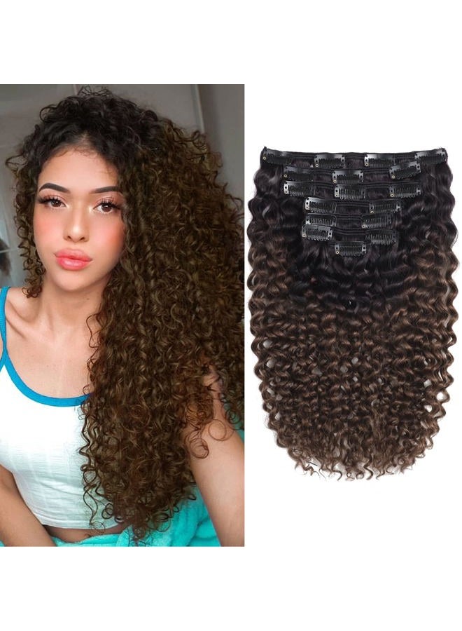 Caliee 22Inch Clip in Hair Extension Jerry Curly Double Weft Human Hair 3B 3C Curly Ombre Color Natural Hair Black Color into #4 Dark Brown Color 120Gram with 7 Pieces 17 Clips Per Pack - Image 1