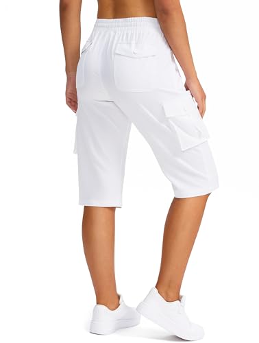 Viodia 15" Long Shorts for Women Hiking Cargo Bermuda Shorts Lightweight Quick Dry Knee Length Capris for Summer Travel Fishing White - Image 1