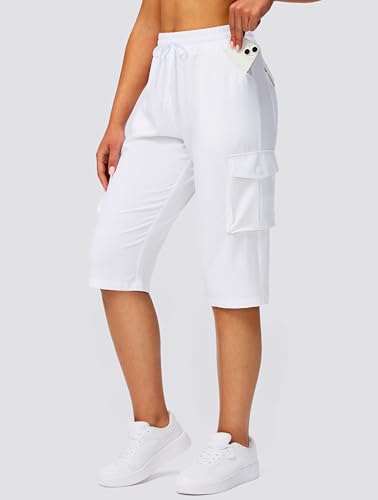 Viodia 15" Long Shorts for Women Hiking Cargo Bermuda Shorts Lightweight Quick Dry Knee Length Capris for Summer Travel Fishing White - Image 2